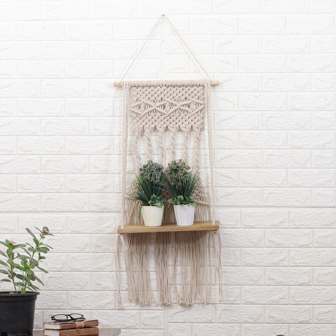 Woven Beige Cotton Macrame Hanging Shelf with Wood Accents - Serene Twists