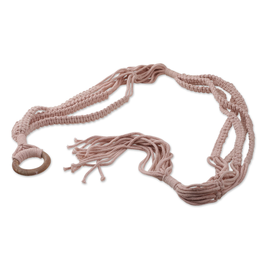 Handwoven Pink Macrame Cotton Hanging Planter with Wood Ring - Pink Element