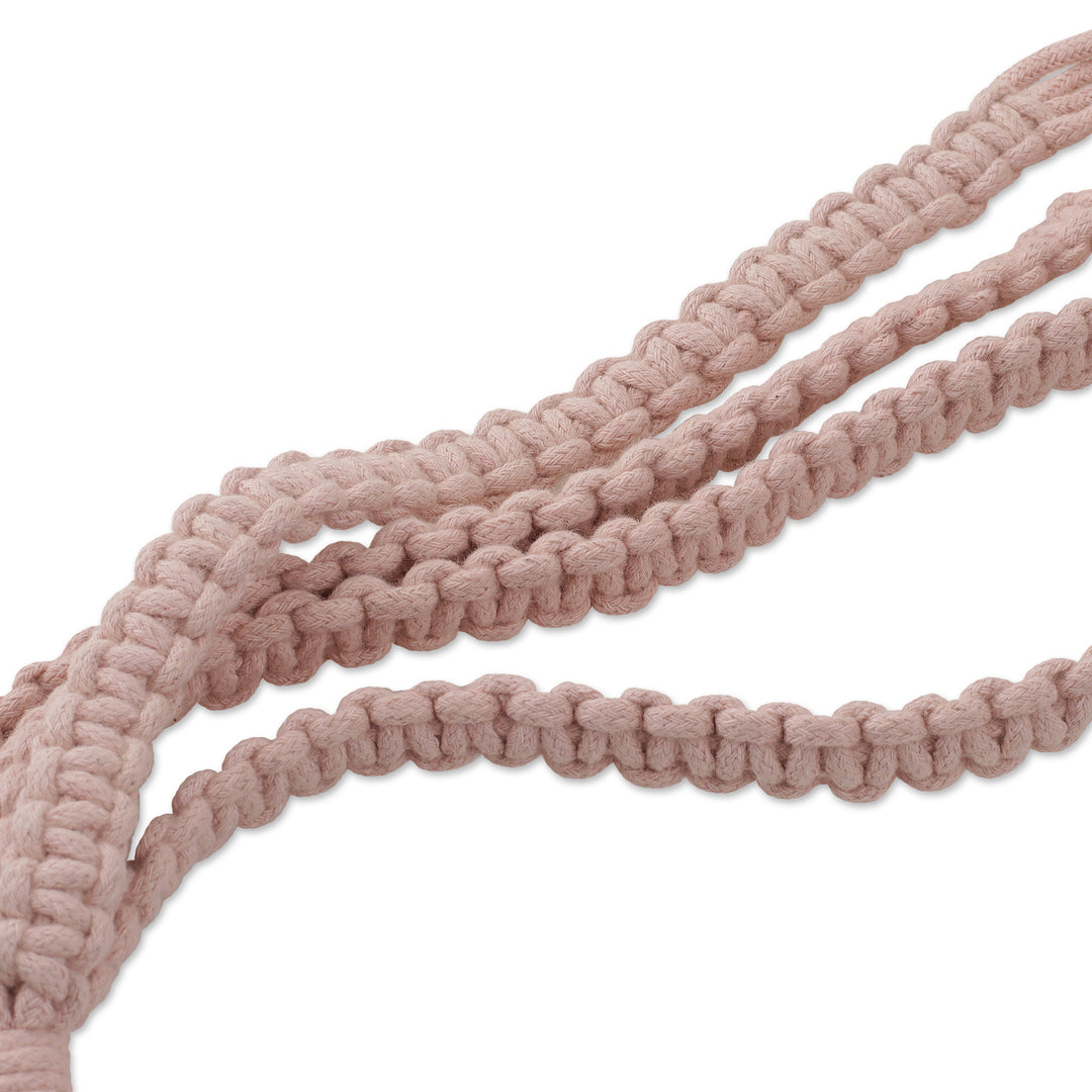 Handwoven Pink Macrame Cotton Hanging Planter with Wood Ring - Pink Element