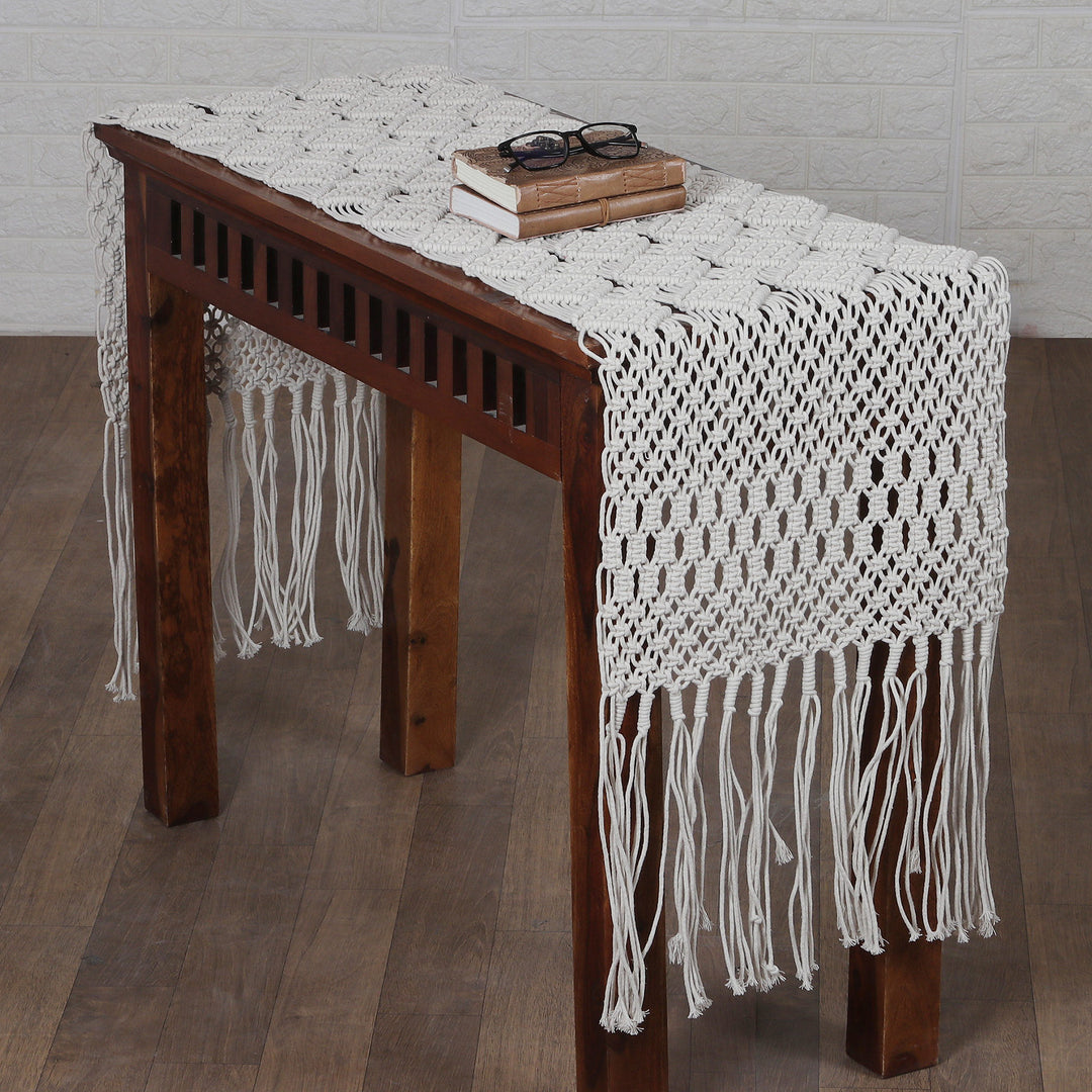 Handwoven Macrame Fringed White Cotton Table Runner - Diamond Delicacy