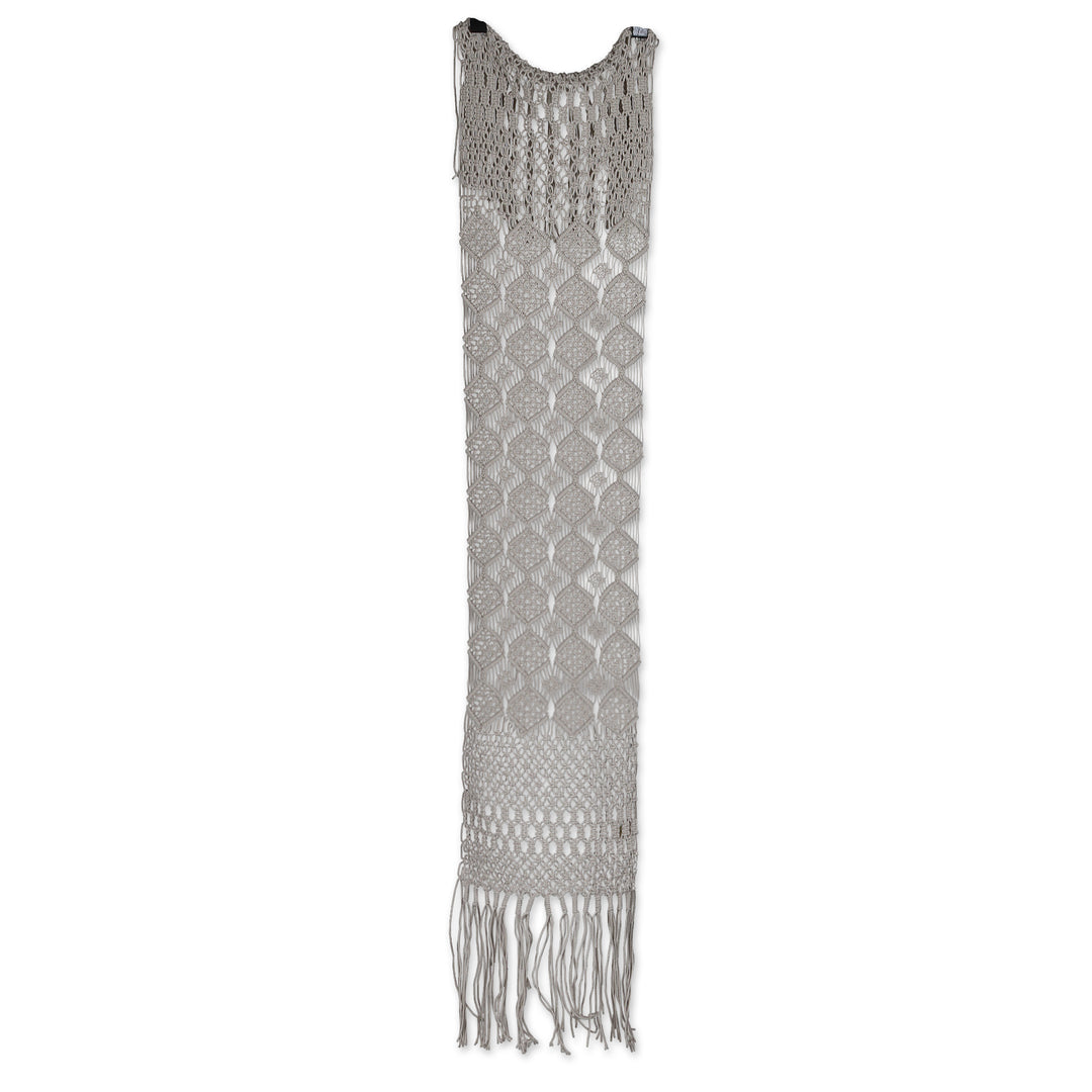 Handwoven Macrame Fringed White Cotton Table Runner - Diamond Delicacy