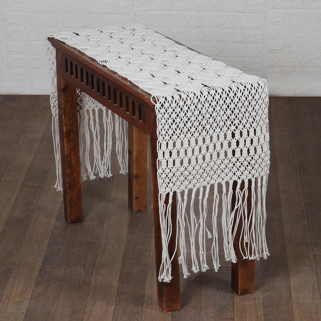Handwoven Macrame Fringed White Cotton Table Runner - Diamond Delicacy