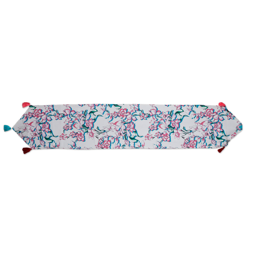 Handcrafted Floral Cotton Table Runner in Pink and Blue Hues - Delicious Blooms