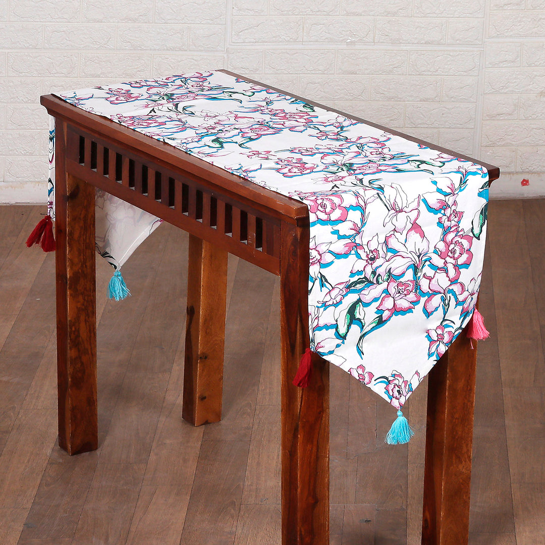 Handcrafted Floral Cotton Table Runner in Pink and Blue Hues - Delicious Blooms