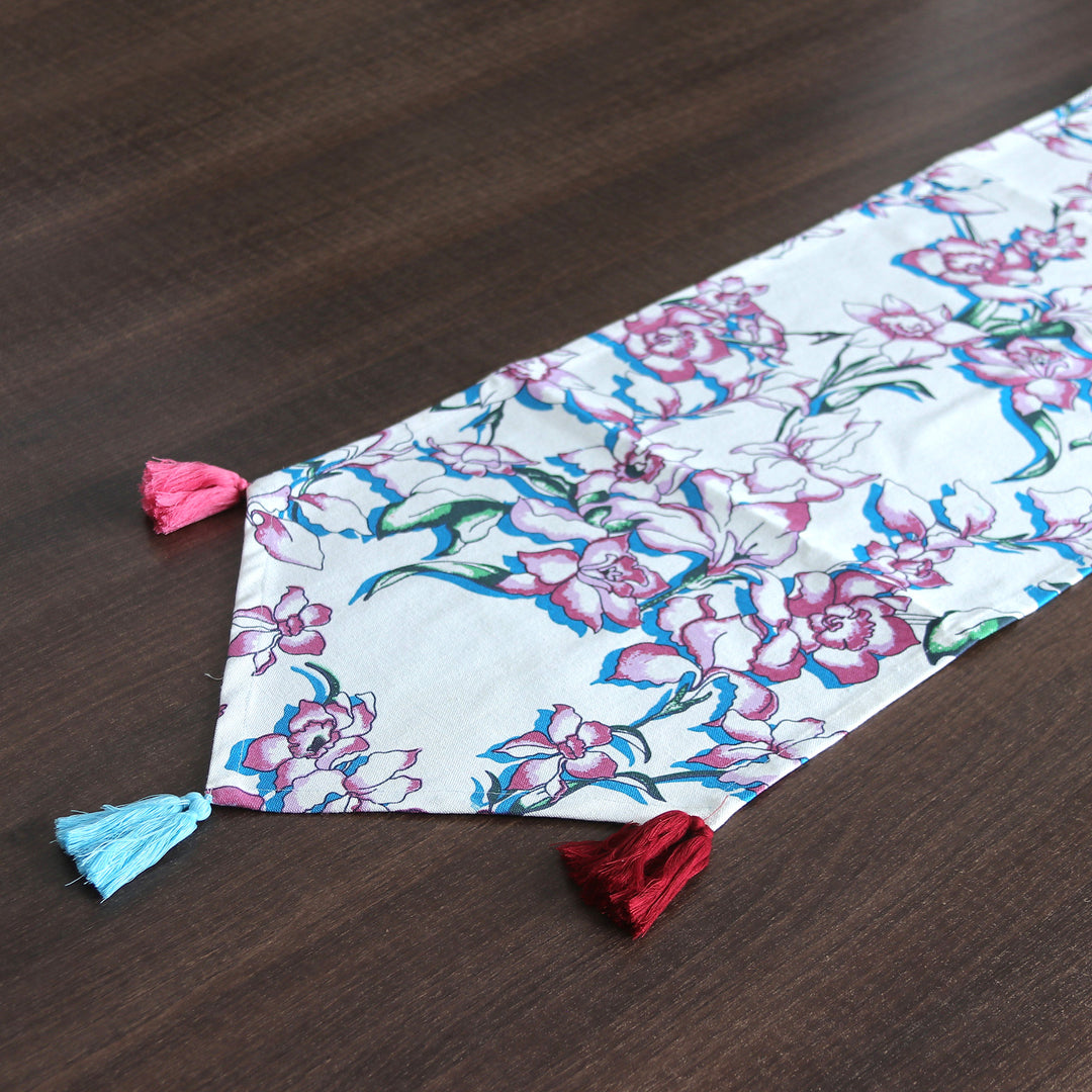 Handcrafted Floral Cotton Table Runner in Pink and Blue Hues - Delicious Blooms