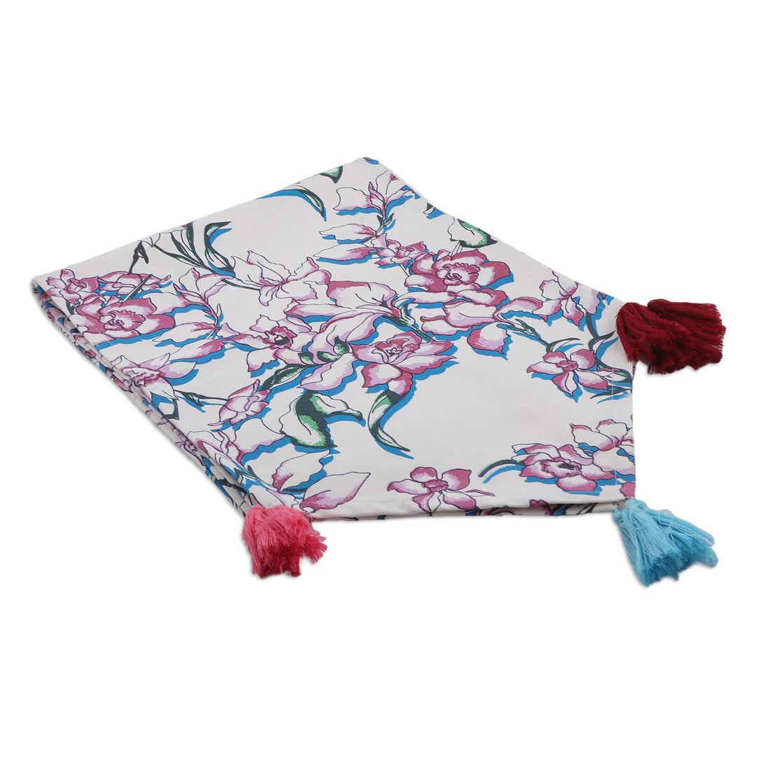Handcrafted Floral Cotton Table Runner in Pink and Blue Hues - Delicious Blooms