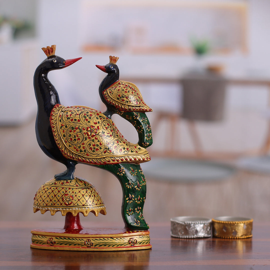 Hand-Painted Wood Sculpture of Peacock and Child from India - Peacock Bond