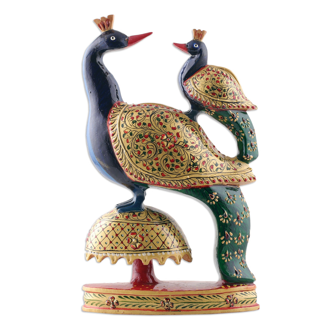 Hand-Painted Wood Sculpture of Peacock and Child from India - Peacock Bond
