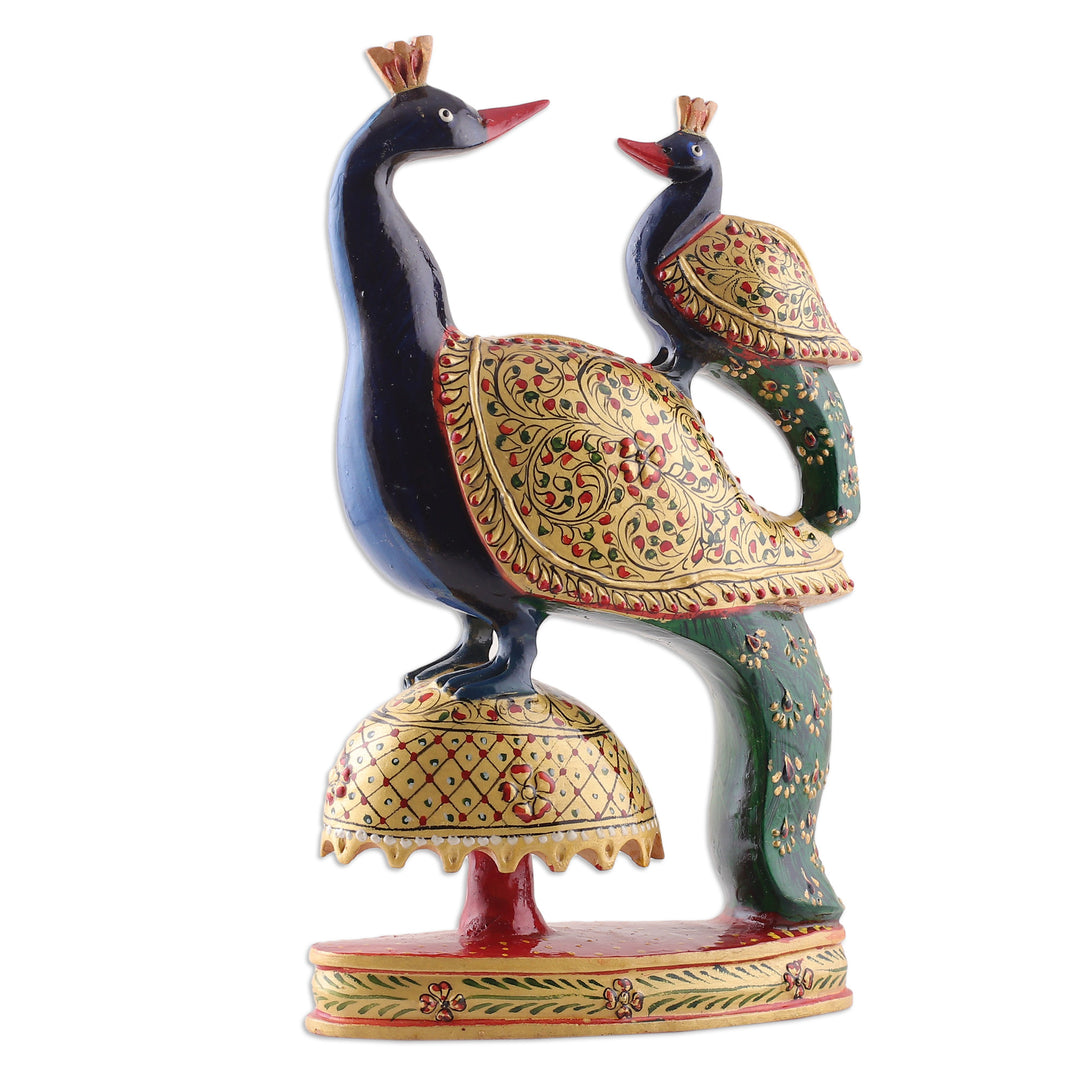 Hand-Painted Wood Sculpture of Peacock and Child from India - Peacock Bond