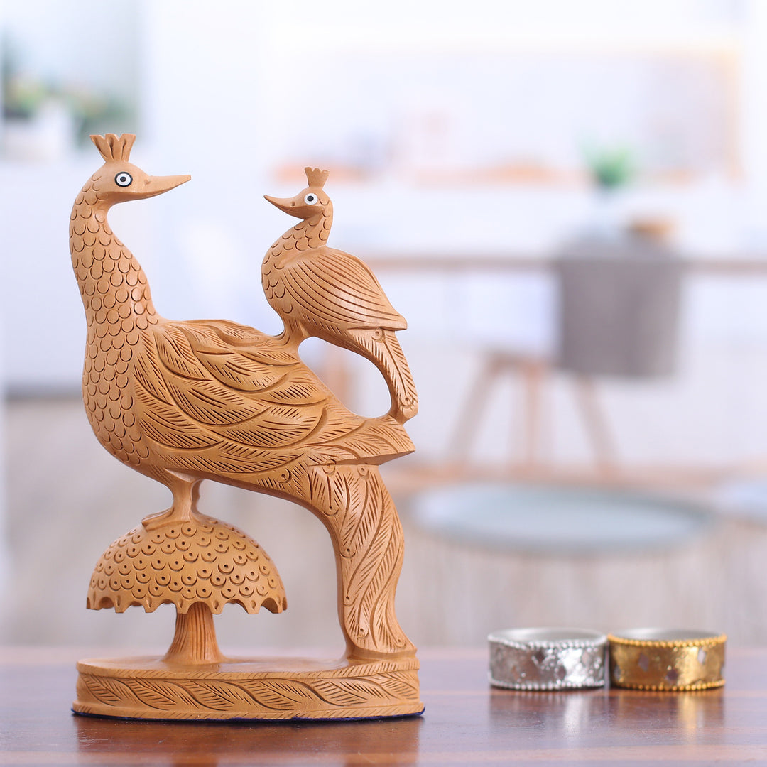 Kadam Wood Sculpture of Father Peacock and Child from India - Peacock Love