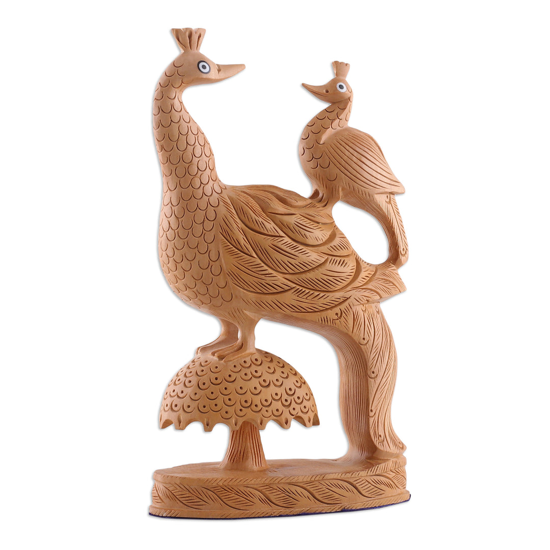 Kadam Wood Sculpture of Father Peacock and Child from India - Peacock Love