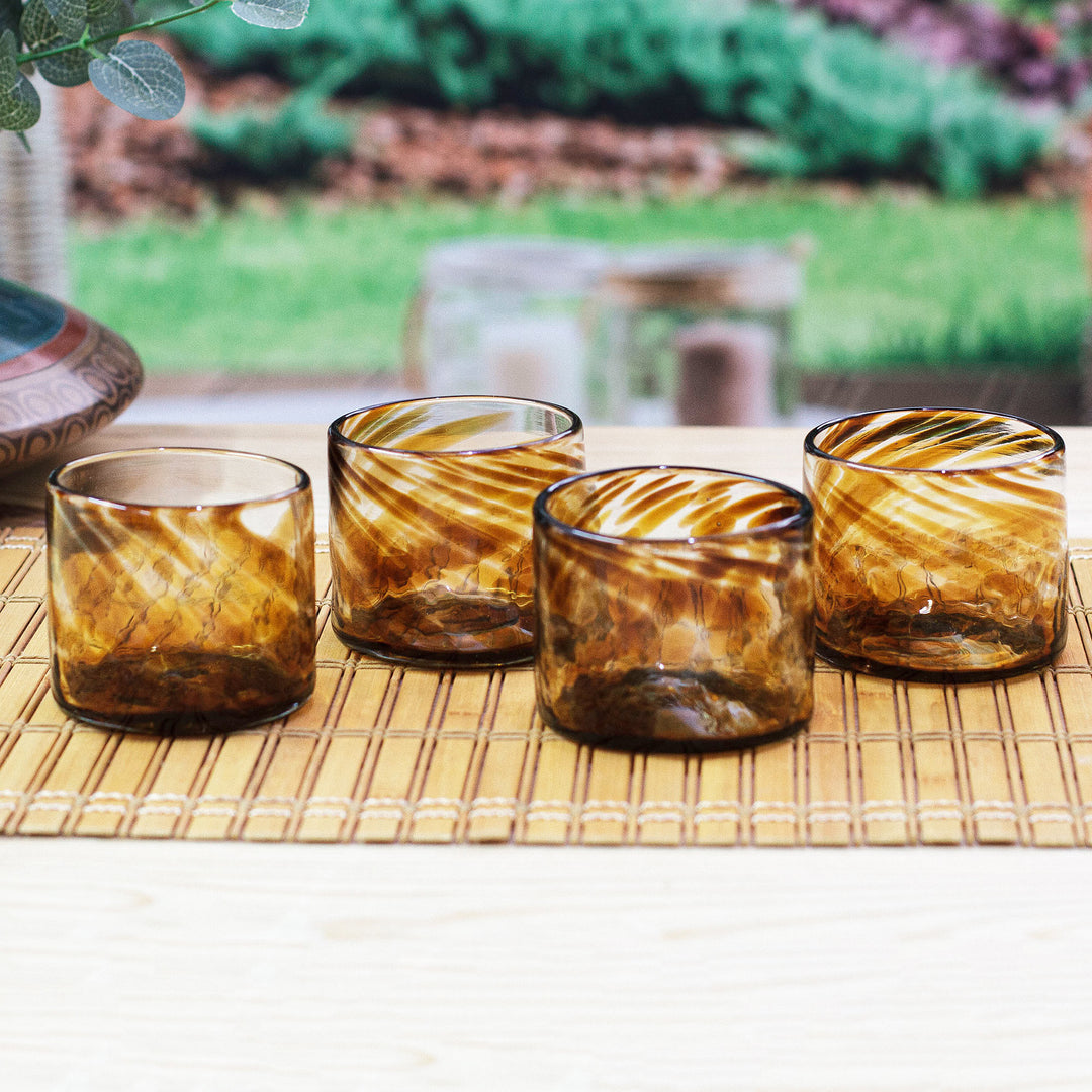 4 Hand Blown Brown Recycled Glass Juice Glasses from Mexico - Amber Relaxation