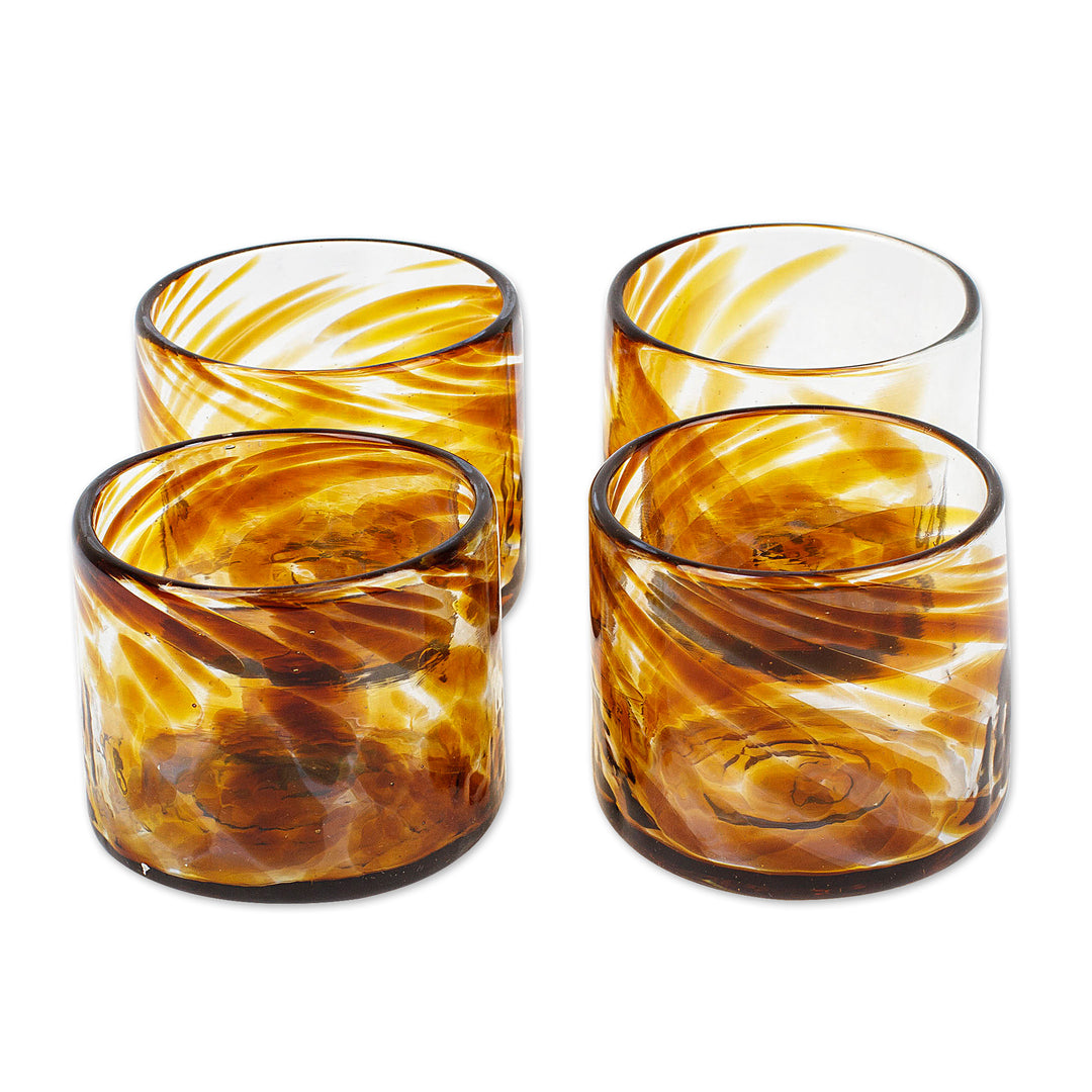 4 Hand Blown Brown Recycled Glass Juice Glasses from Mexico - Amber Relaxation