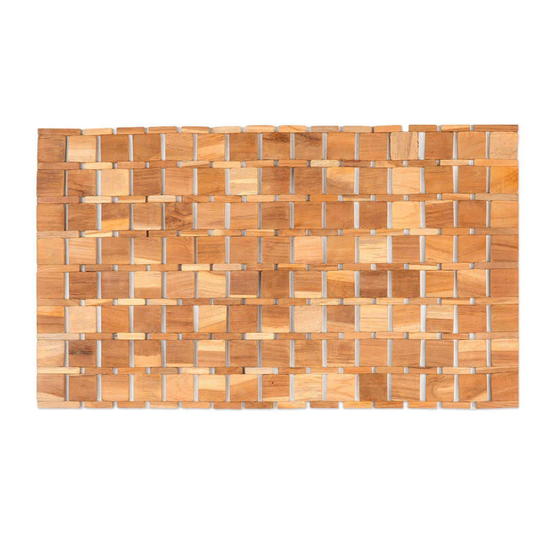 Handcrafted Geometric Natural Brown Teak Wood Mat from Bali - Forest's Cobblestone