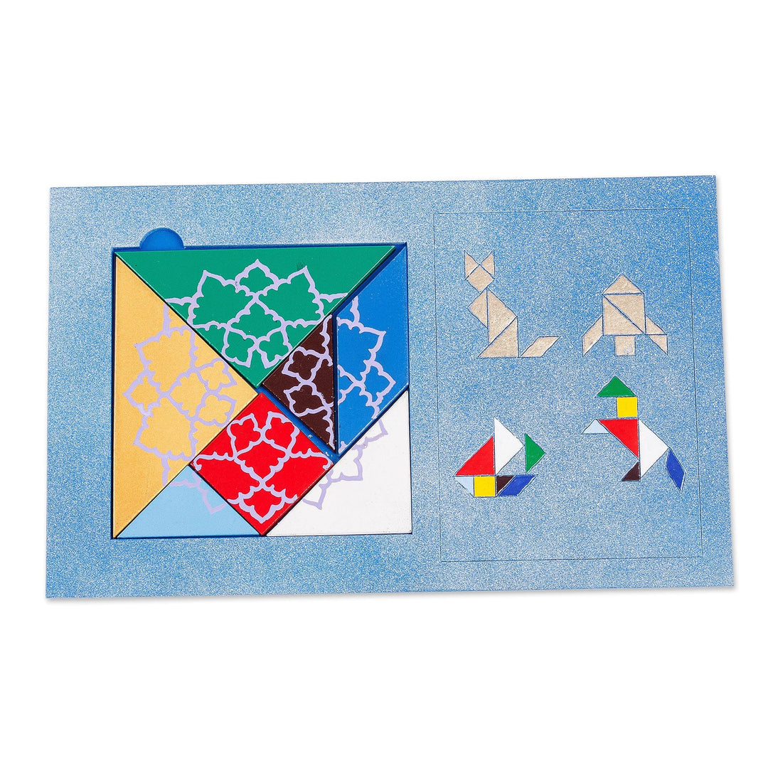 Handcrafted and Painted Colorful Walnut Wood Tangram Puzzle - Brain Teaser