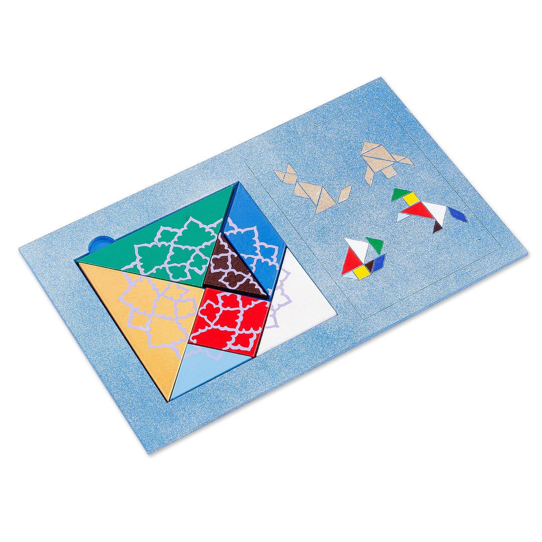 Handcrafted and Painted Colorful Walnut Wood Tangram Puzzle - Brain Teaser