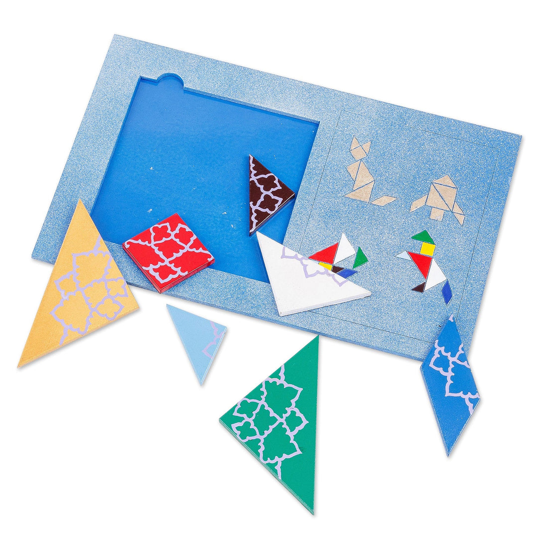 Handcrafted and Painted Colorful Walnut Wood Tangram Puzzle - Brain Teaser