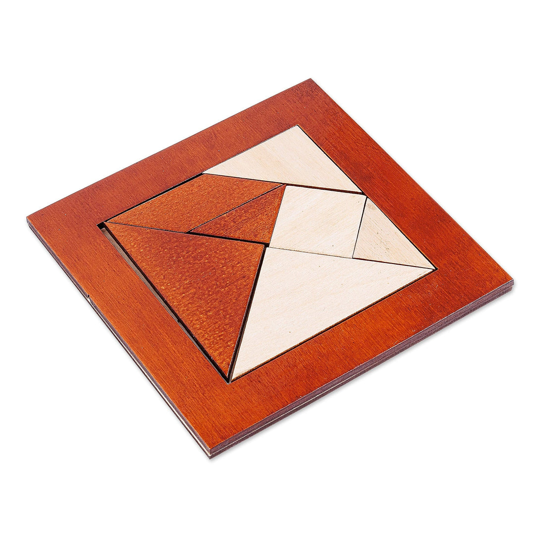 Walnut Wood Tangram Puzzle Handcrafted in Uzbekistan - Brain Riddle