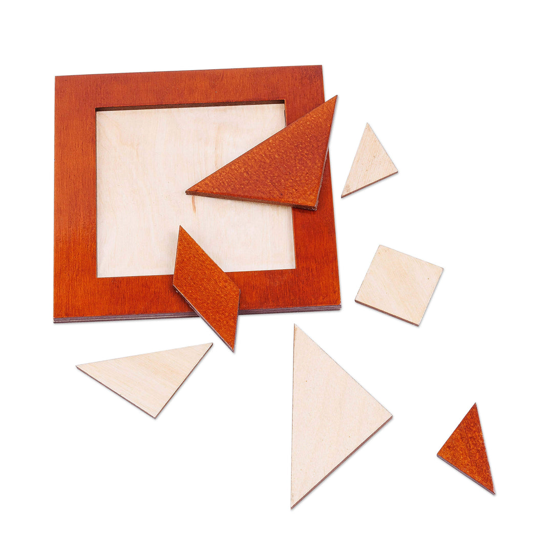 Walnut Wood Tangram Puzzle Handcrafted in Uzbekistan - Brain Riddle