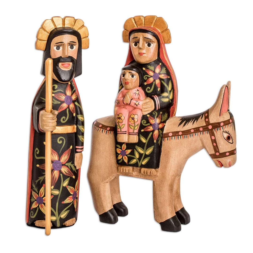 Set of 2 Hand-Carved Pinewood Sculptures of the Holy Family - Journey to Egypt