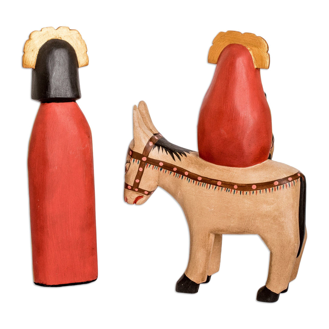 Set of 2 Hand-Carved Pinewood Sculptures of the Holy Family - Journey to Egypt