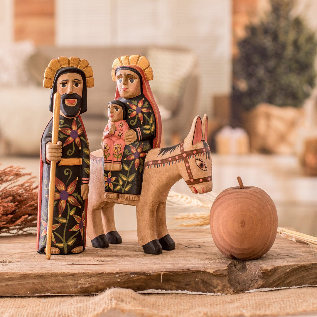 Set of 2 Hand-Carved Pinewood Sculptures of the Holy Family - Journey to Egypt