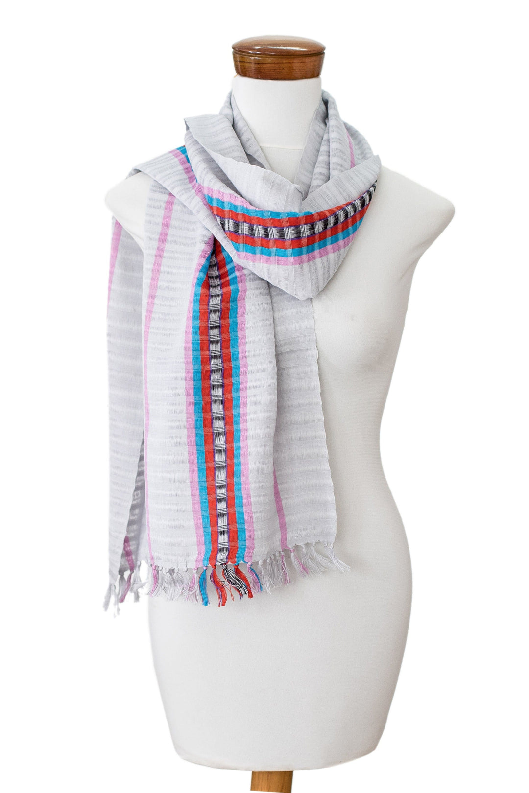 Hand-Woven Fringed Grey Cotton Scarf with Colorful Stripes - Warmth and Flair