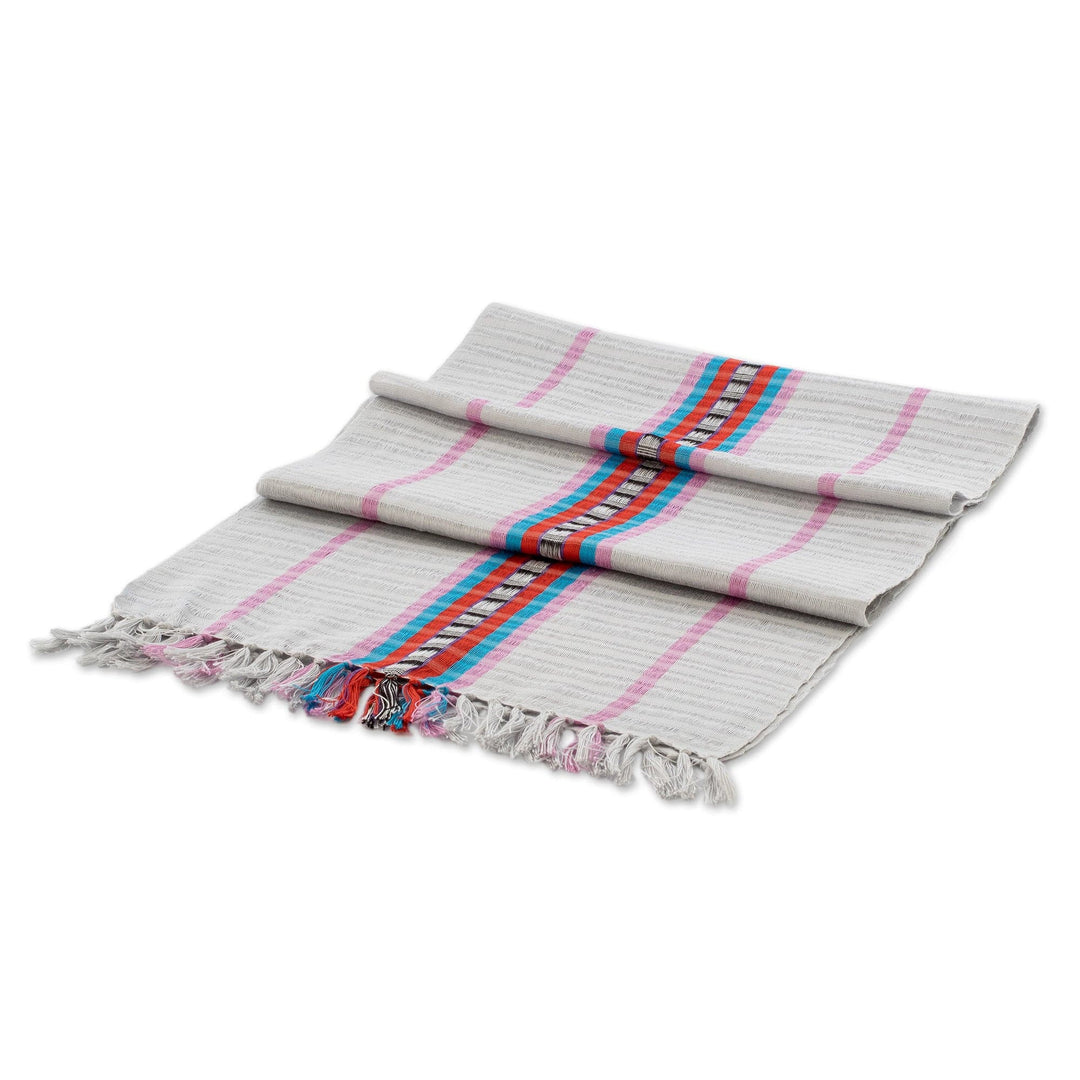 Hand-Woven Fringed Grey Cotton Scarf with Colorful Stripes - Warmth and Flair