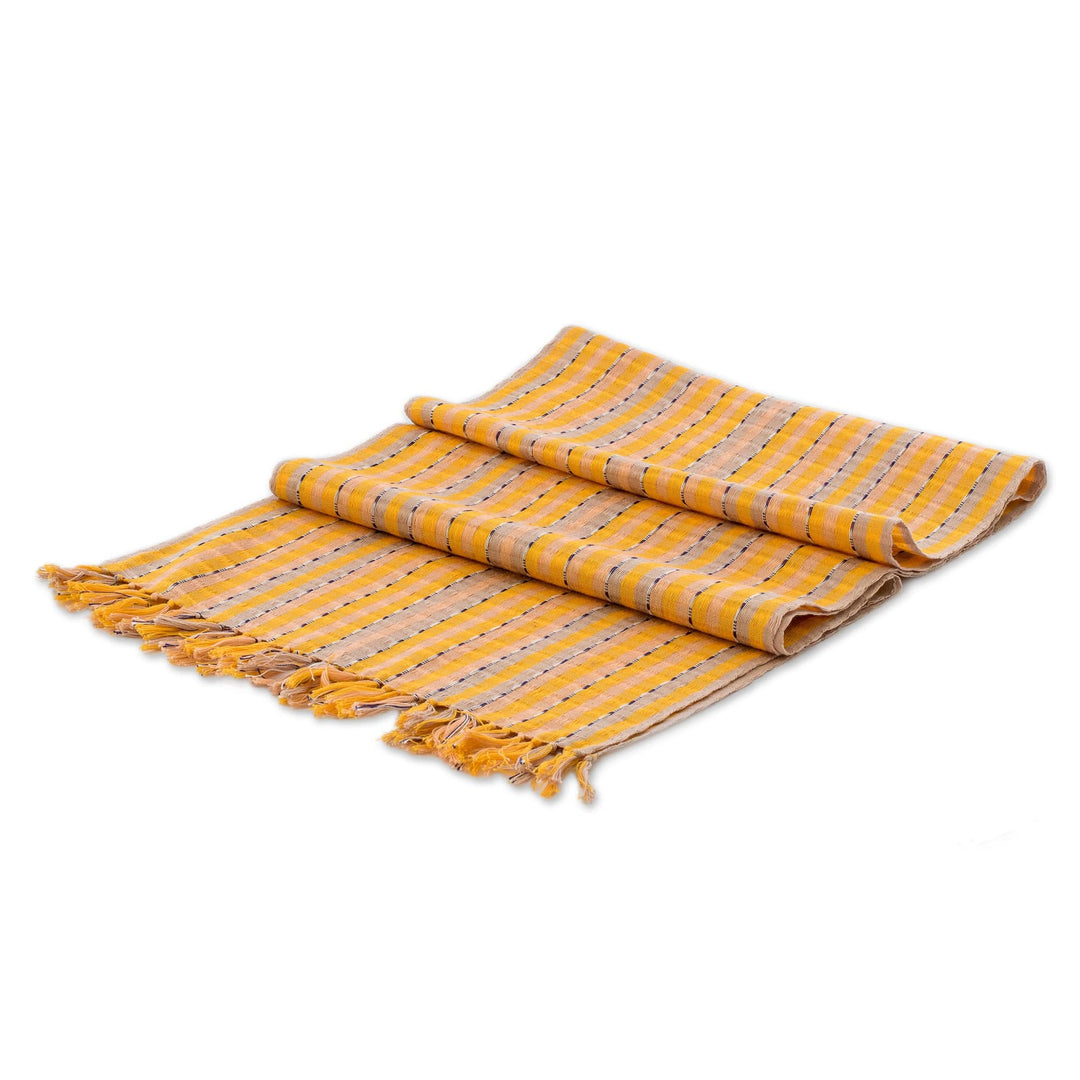 Hand-Woven Striped Fringed Yellow Brown & Beige Cotton Scarf - Field of Daisies