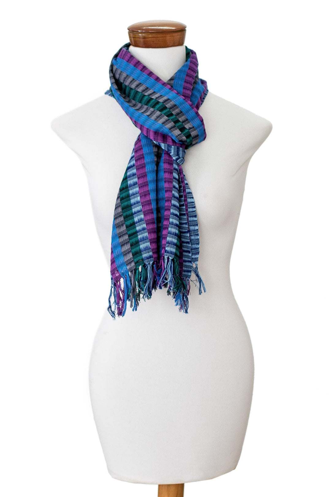 Colorful Hand-Woven Cotton Scarf with Stripes and Fringes - Colors of the Lake