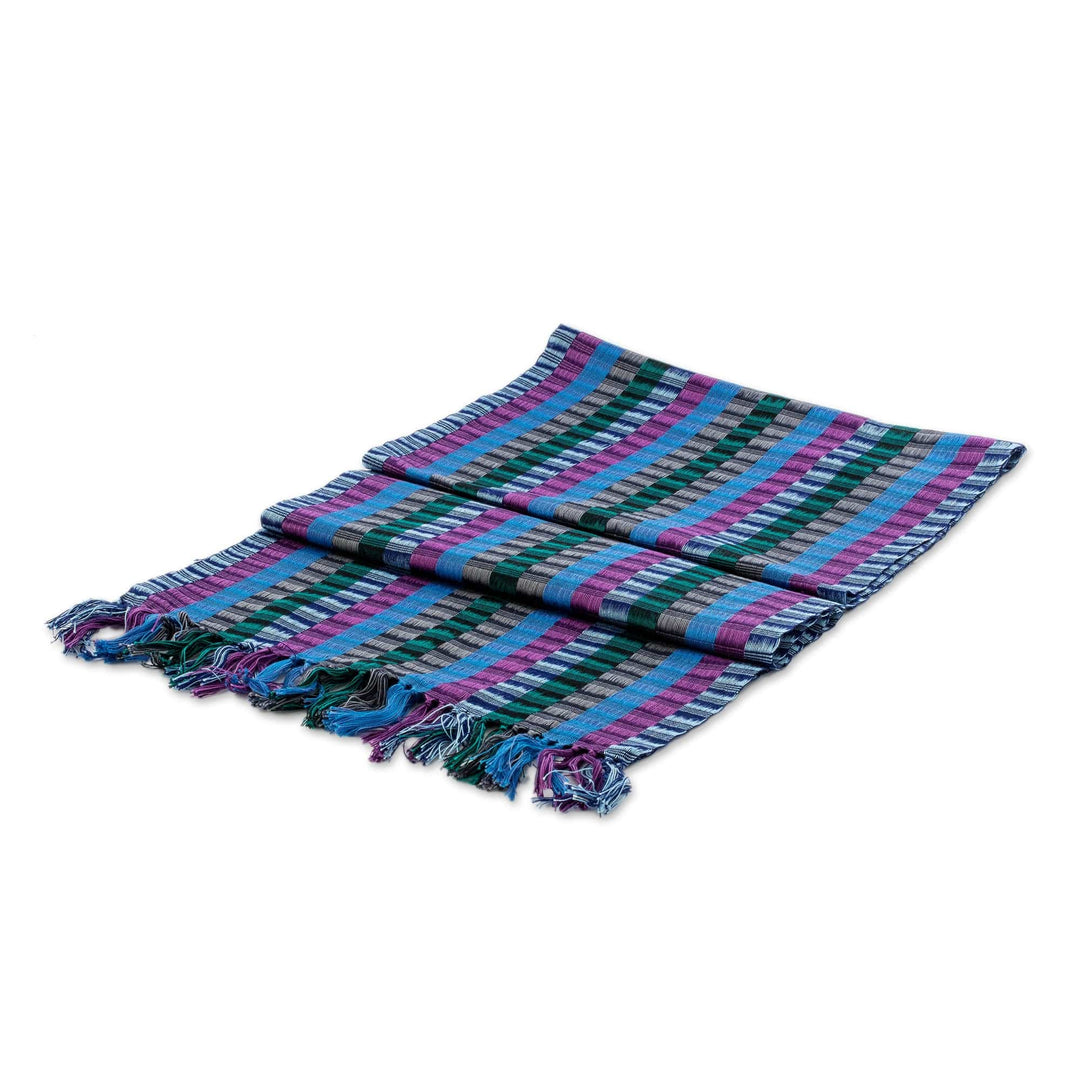 Colorful Hand-Woven Cotton Scarf with Stripes and Fringes - Colors of the Lake