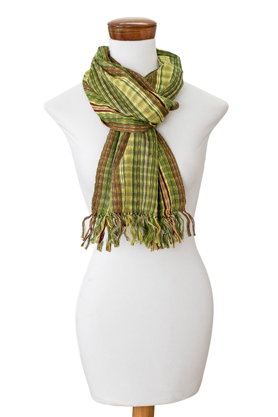 Hand-Woven Striped Fringed Green Brown & Black Cotton Scarf - Highland Forests