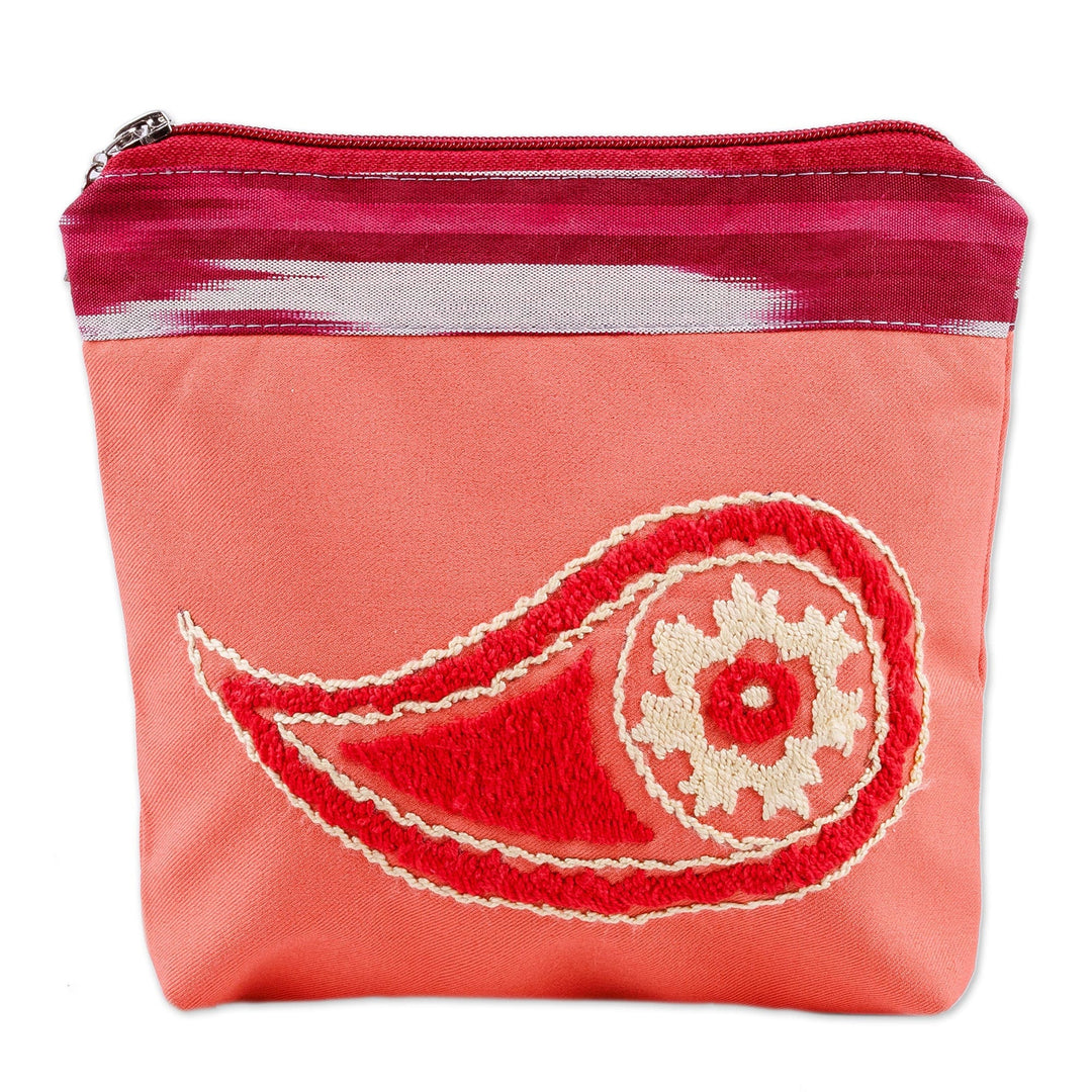 Cotton Cosmetic Bag with Suzani Hand Embroidery Ikat Accent - Chic Paisley