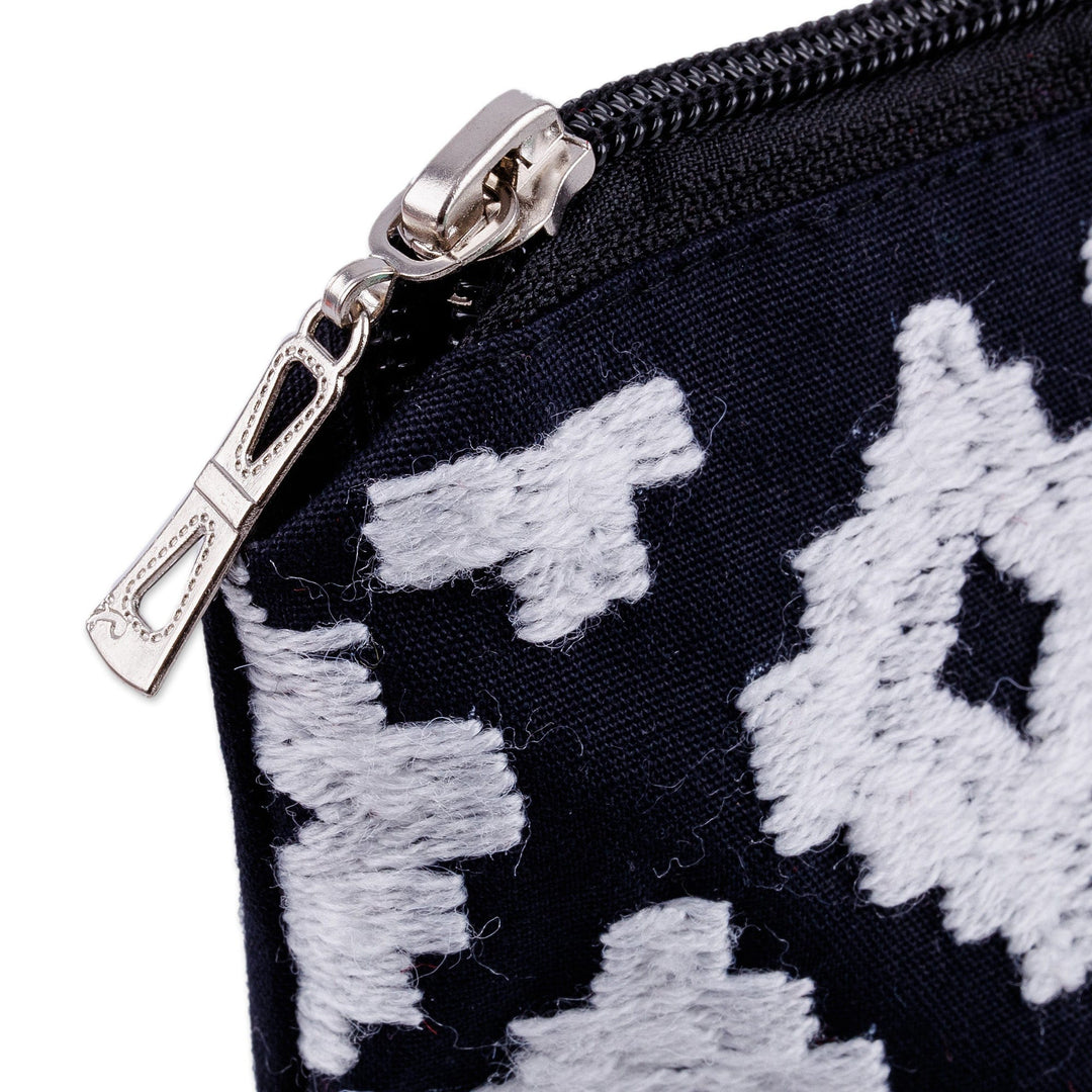 Black White Cotton Toiletry Case with Suzani Hand Embroidery - Glam Vibes