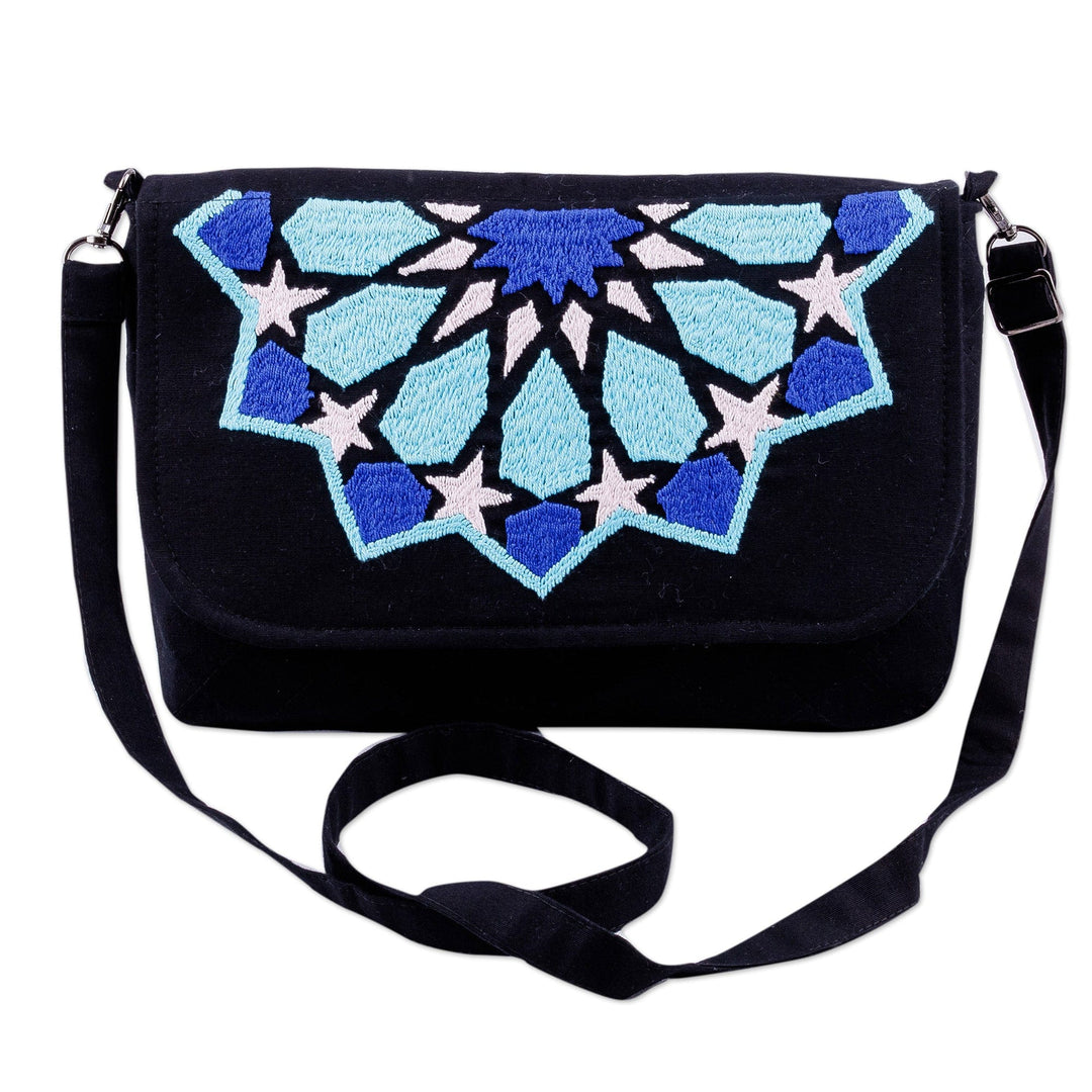 Cotton Sling Bag with Suzani Hand-Embroidered Star Motifs - Star Radiance
