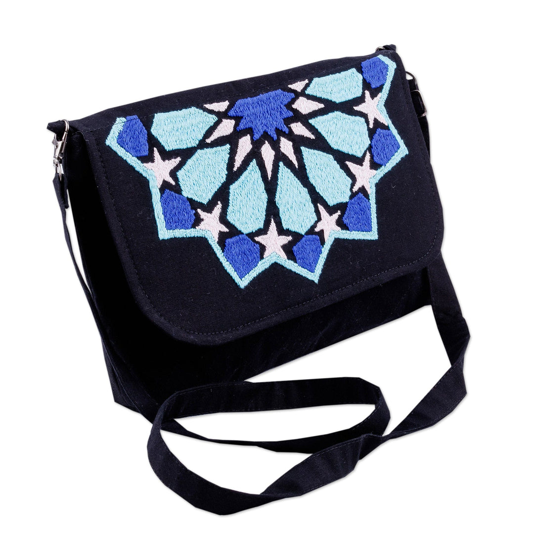 Cotton Sling Bag with Suzani Hand-Embroidered Star Motifs - Star Radiance