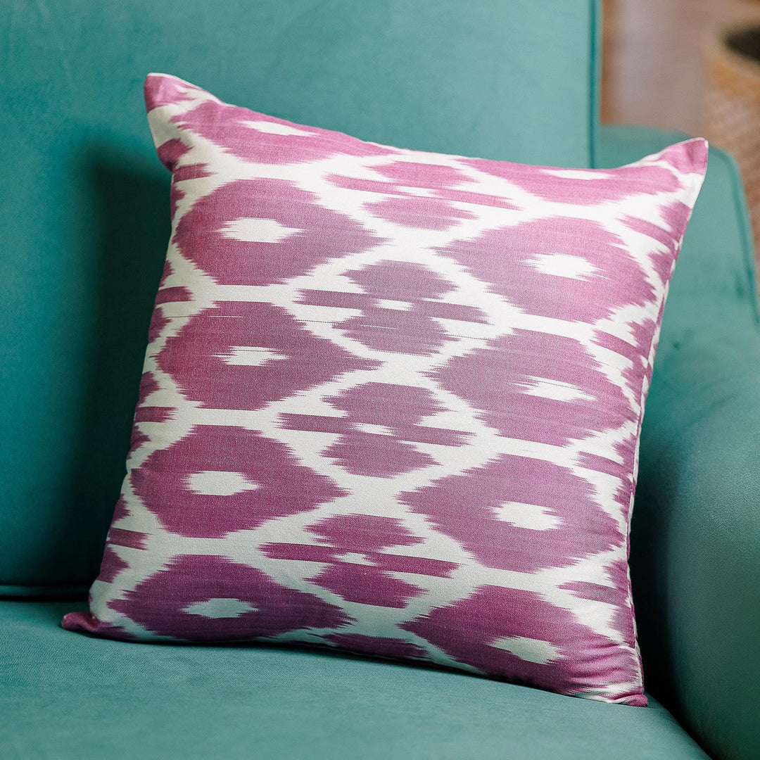 Classic Ikat Patterned Pink and White Cotton Cushion Cover - Pink Tradition