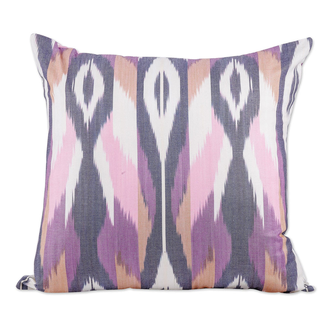 Peacock-Inspired Ikat Patterned Purple Cotton Cushion Cover - Hidden Peacock