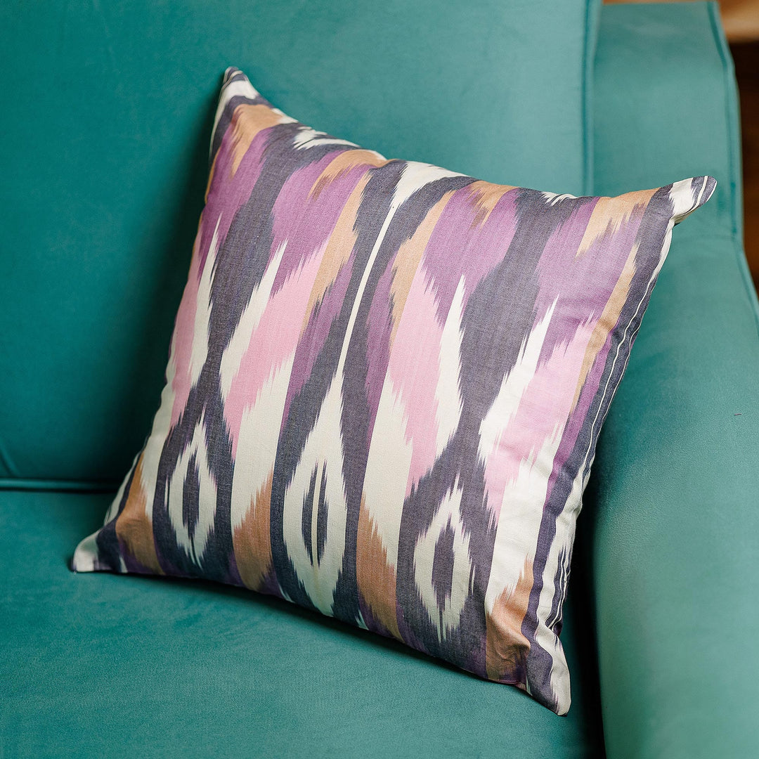 Peacock-Inspired Ikat Patterned Purple Cotton Cushion Cover - Hidden Peacock