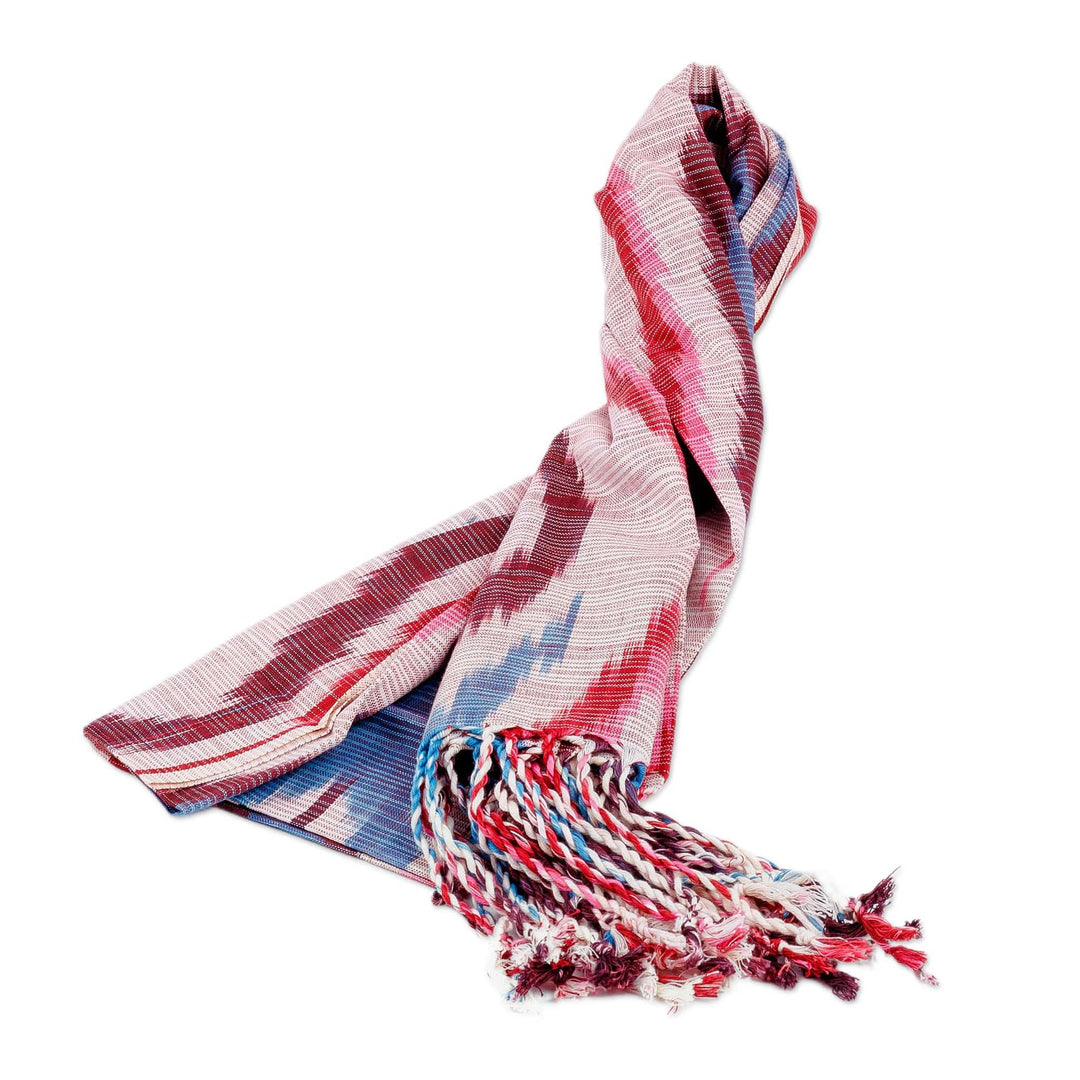 Handcrafted Ikat Patterned Red and Blue Fringed Cotton Scarf - Palace Colors