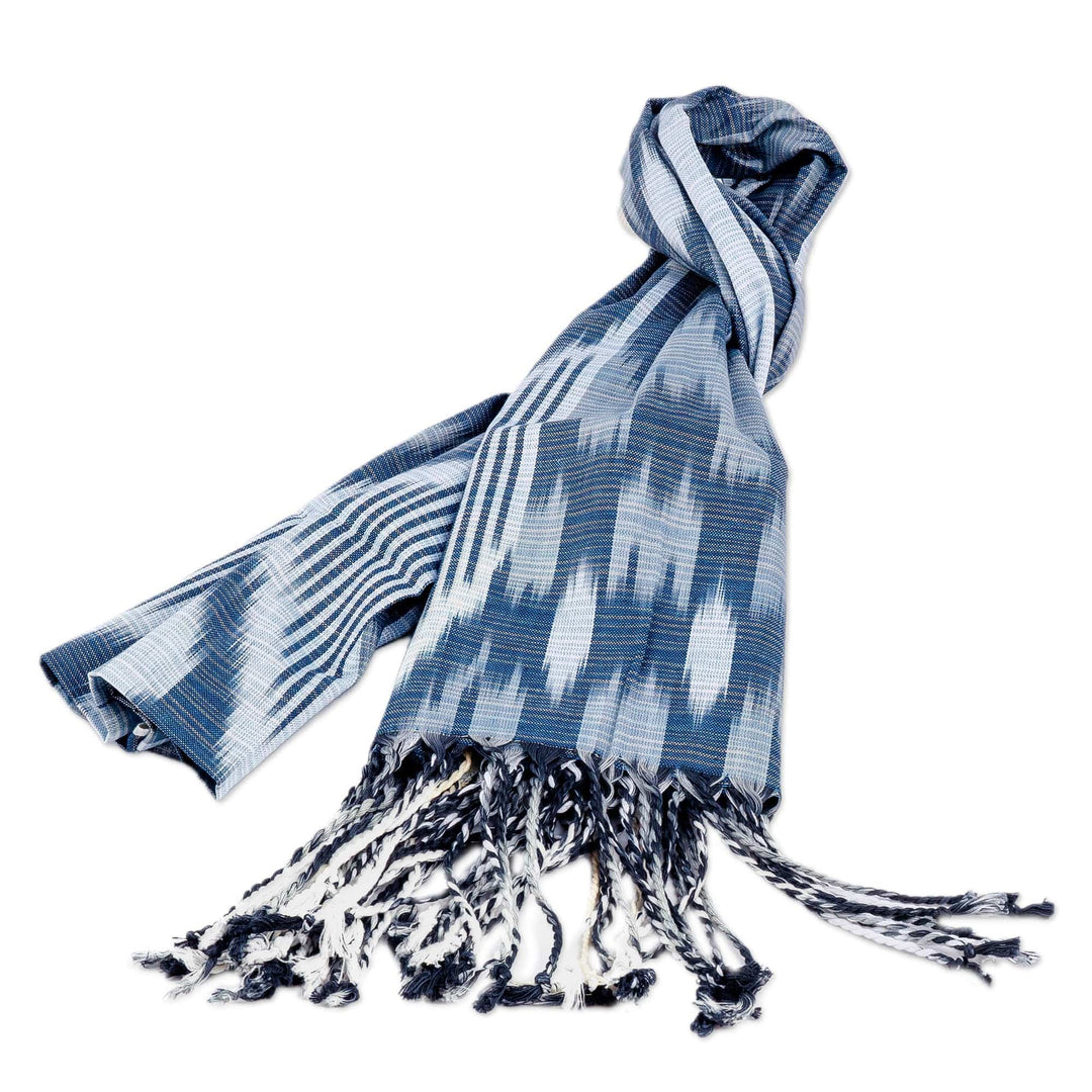 Handcrafted Ikat Patterned Blue Fringed Cotton Scarf - Blue Wish