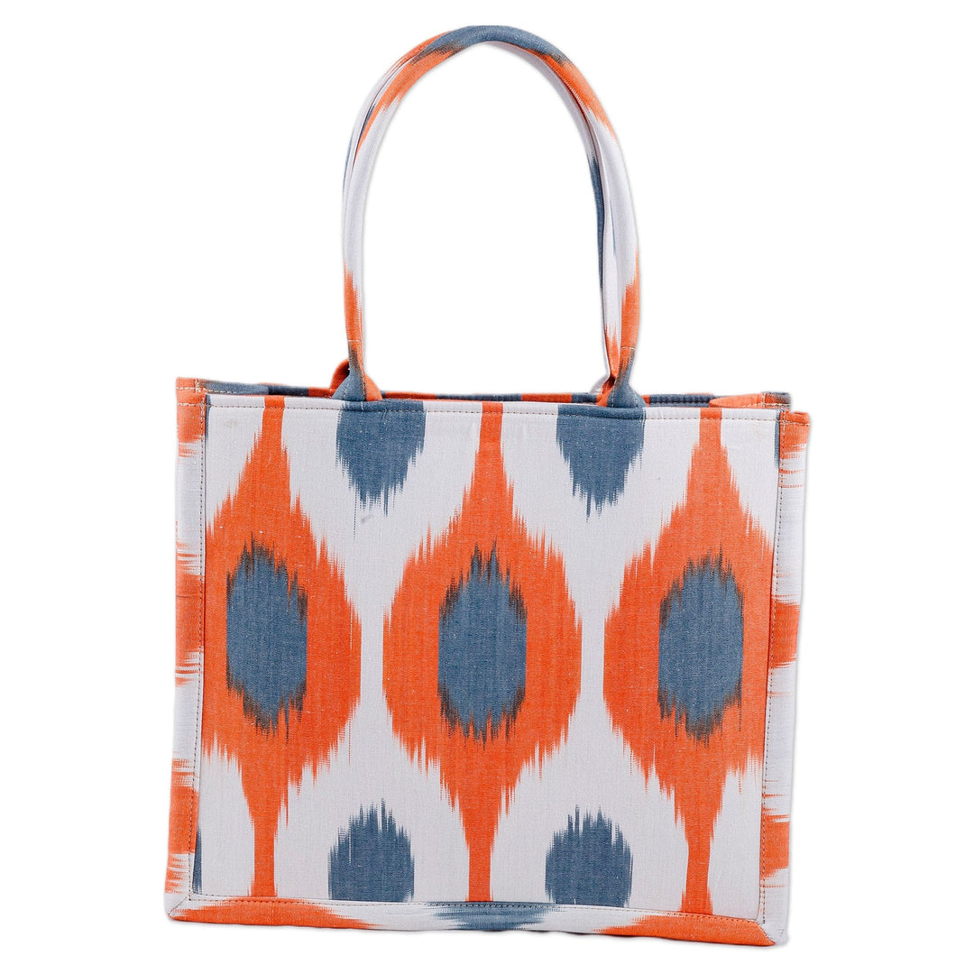 Handcrafted Orange and Blue Ikat Cotton Handle Bag (Large) - Orange Universes