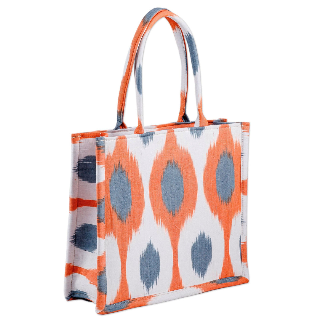 Handcrafted Orange and Blue Ikat Cotton Handle Bag (Large) - Orange Universes