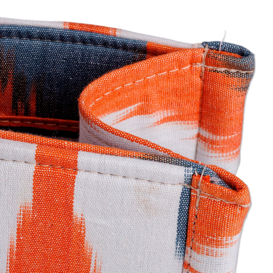 Handcrafted Orange and Blue Ikat Cotton Handle Bag (Large) - Orange Universes