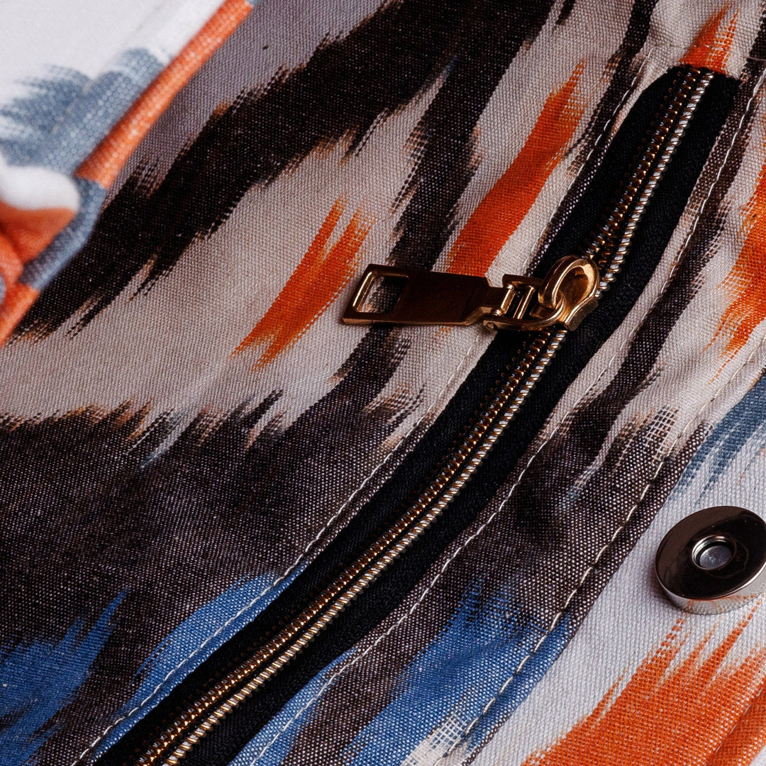 Handcrafted Orange and Blue Ikat Cotton Handle Bag (Large) - Orange Universes
