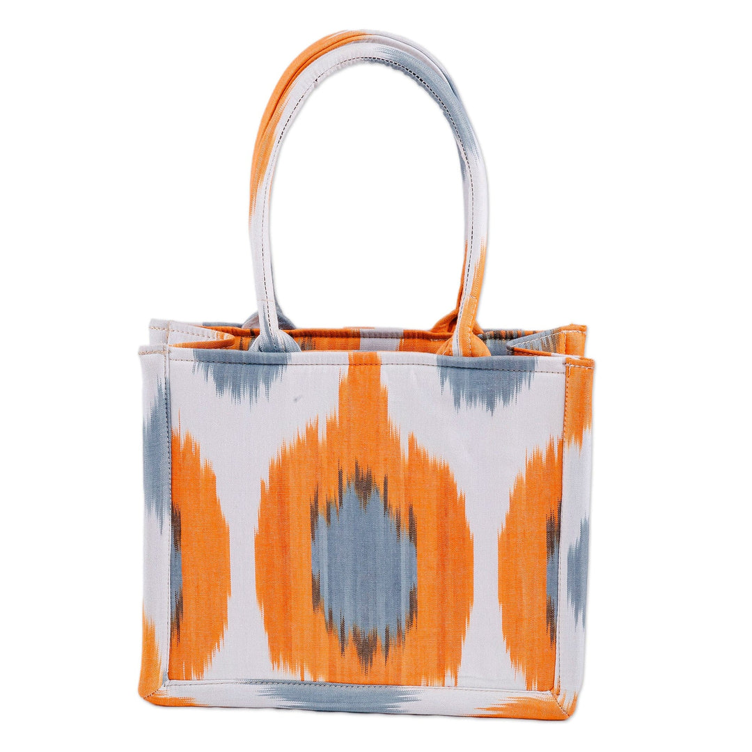 Handcrafted Orange and Blue Ikat Cotton Handle Bag (Small) - Orange Universes