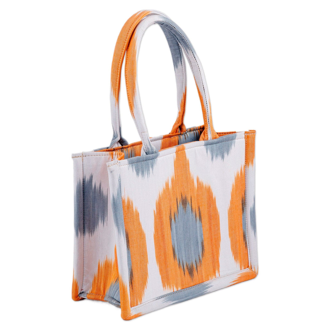 Handcrafted Orange and Blue Ikat Cotton Handle Bag (Small) - Orange Universes