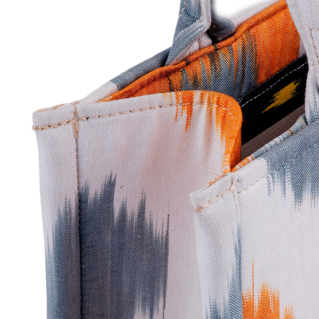 Handcrafted Orange and Blue Ikat Cotton Handle Bag (Small) - Orange Universes