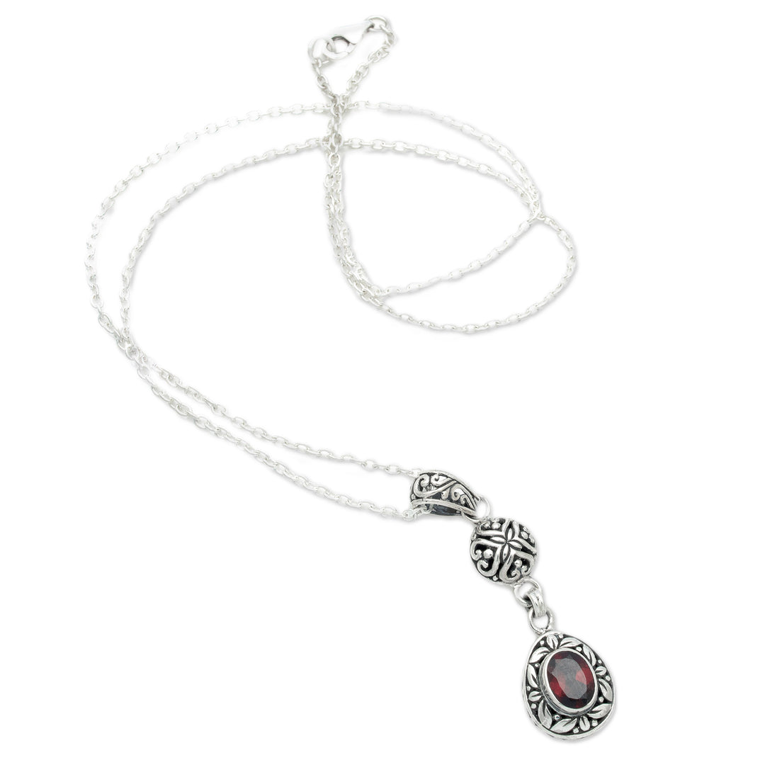 Sterling Silver Garnet Pendant Necklace with Leaf Motifs - Red Summer