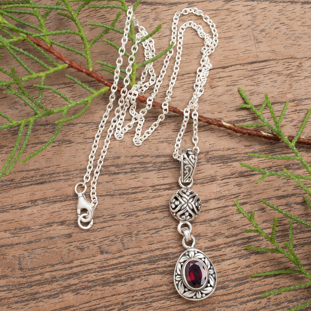 Sterling Silver Garnet Pendant Necklace with Leaf Motifs - Red Summer